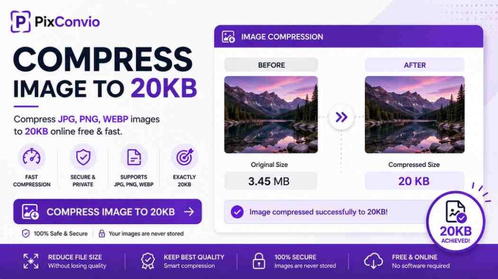 Before and after image compression to 20KB showing original and compressed file size comparison