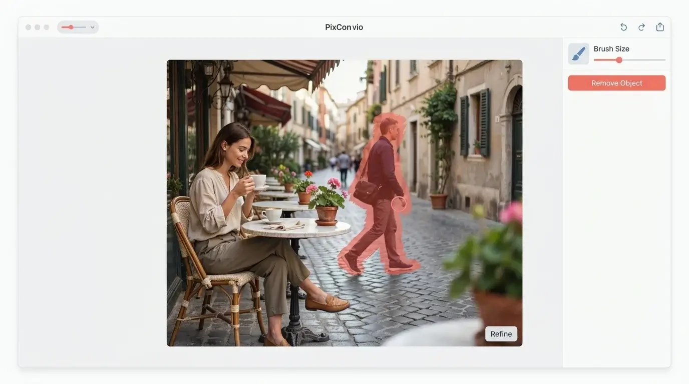 Remove Object from Image Online with AI | PixConvio 3 AI person remover example showing a person selected for removal