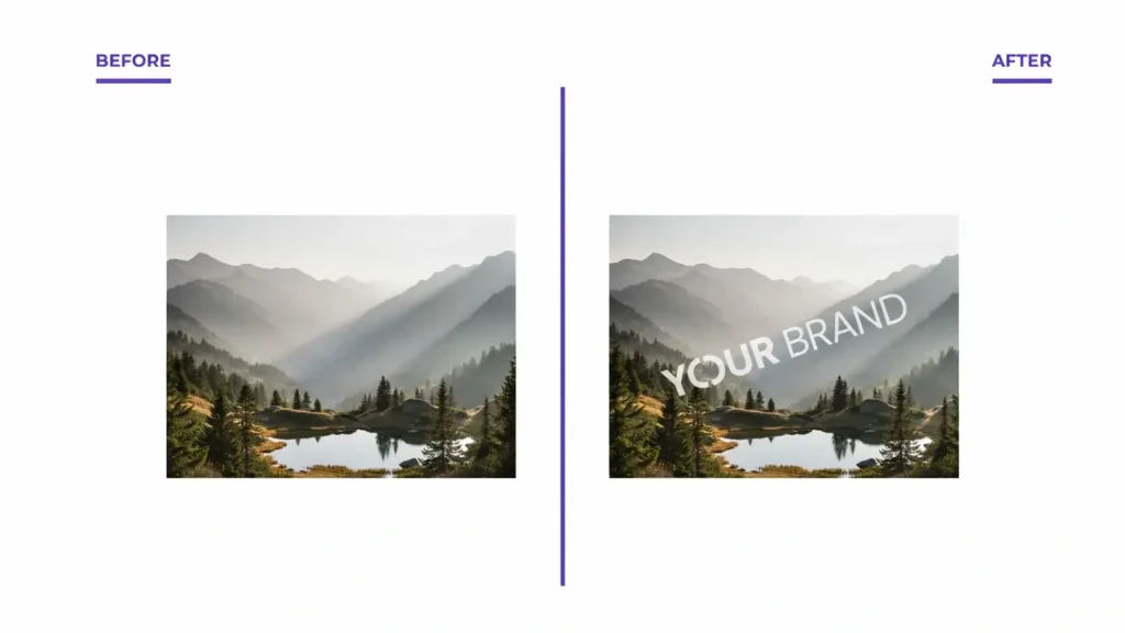 Before and after comparison showing a text watermark added to a photo