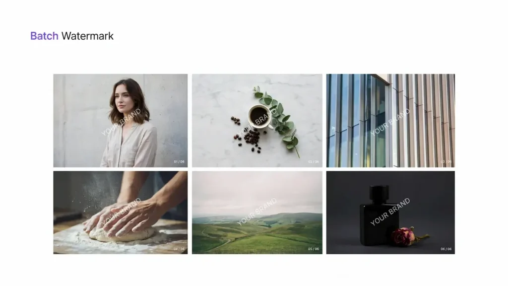 Multiple photographs with the same text watermark applied in a batch